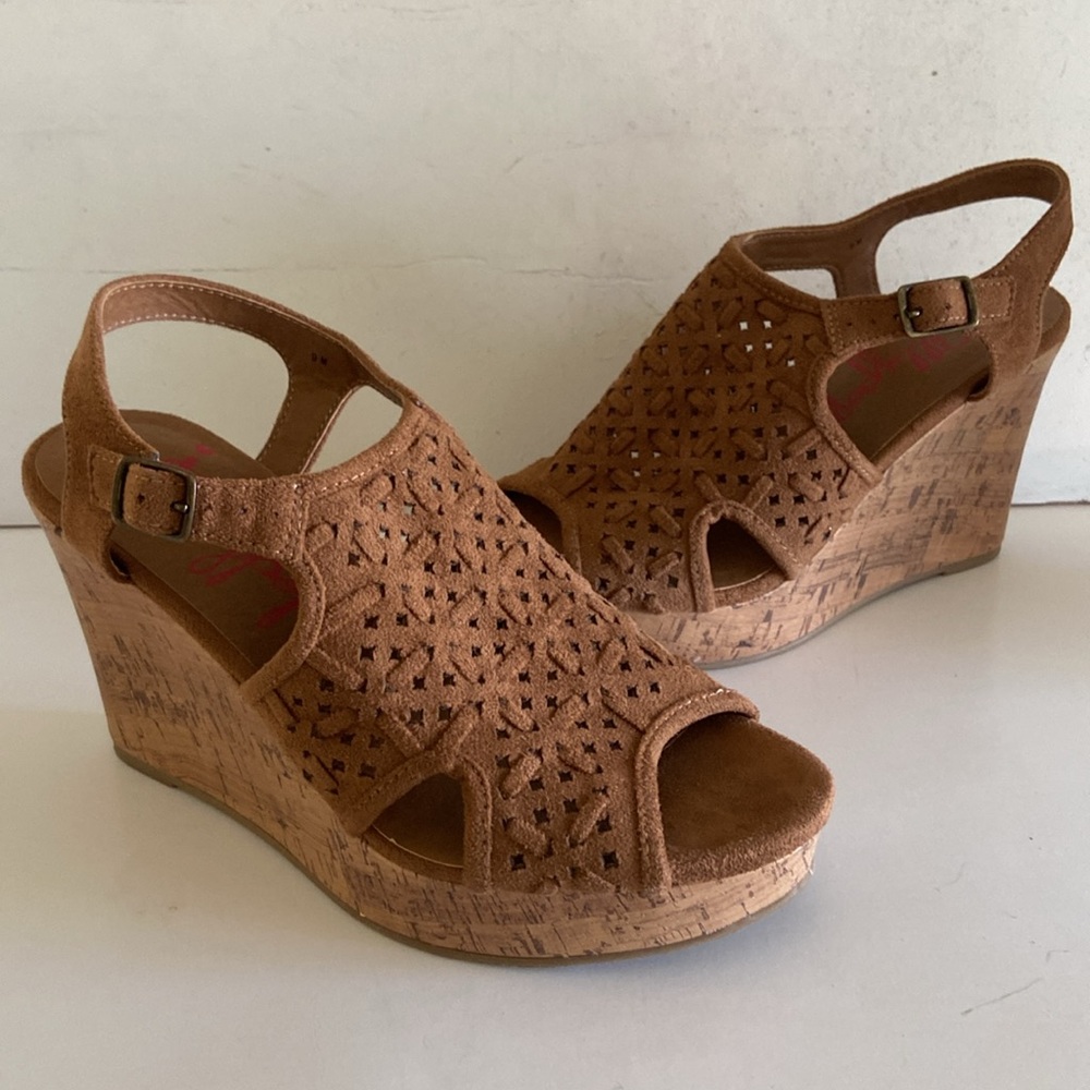 Jelly pop platform cork sole wedge sling back brown faux suede look sandals